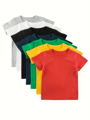 7pcs Boys' Solid Color Cotton T-Shirts - Comfy, Versatile & Cool Short Sleeve Tees