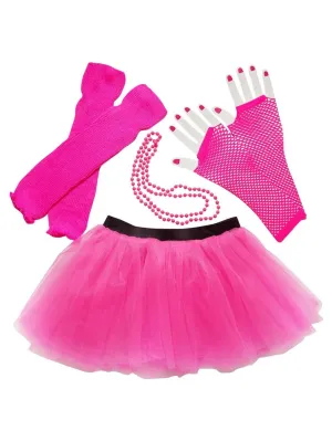 80s Costume for Teens or Women in Neon Hot Pink with Tutu & Accessories