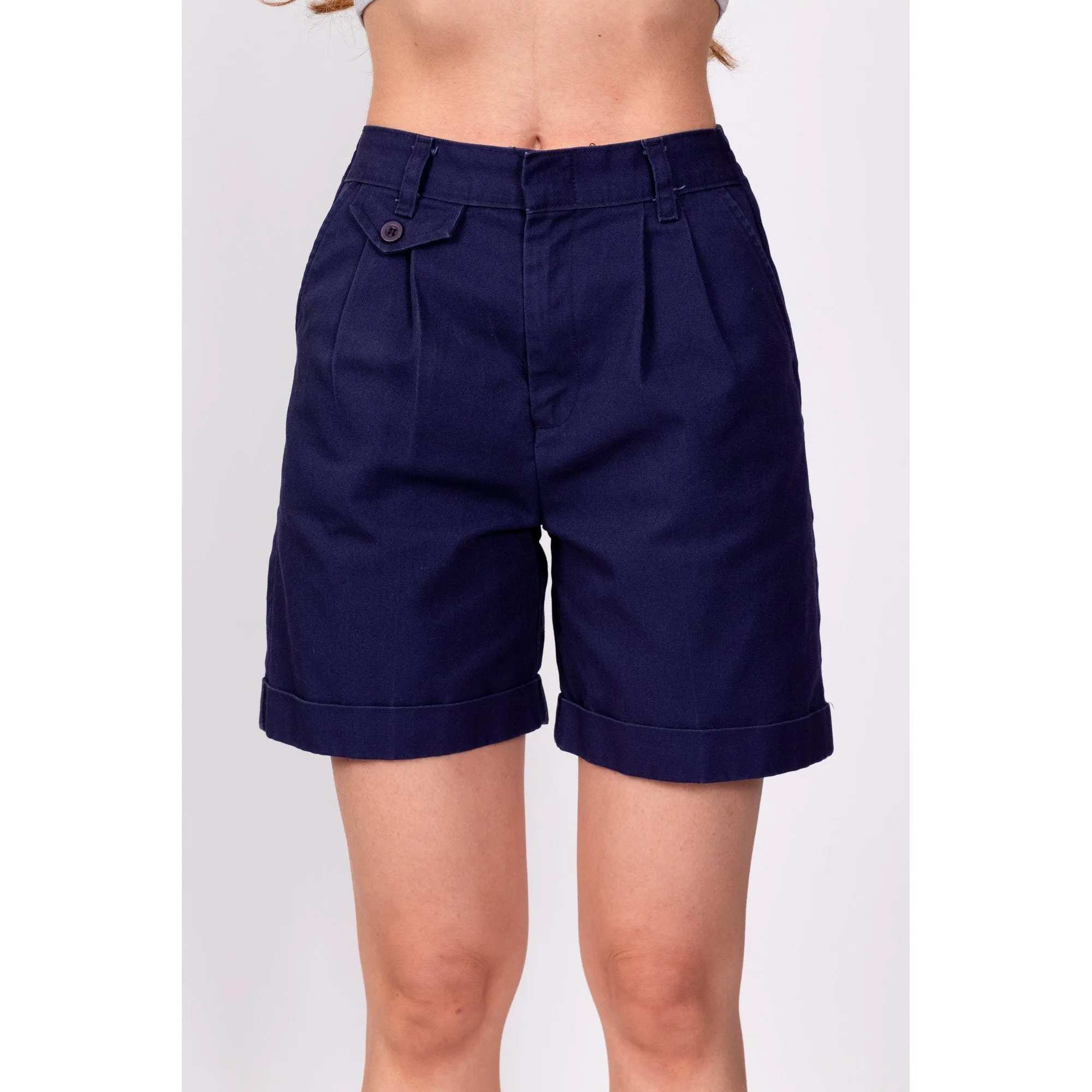 80s Navy Blue Pleated Shorts - Petite XS, 22"-24"