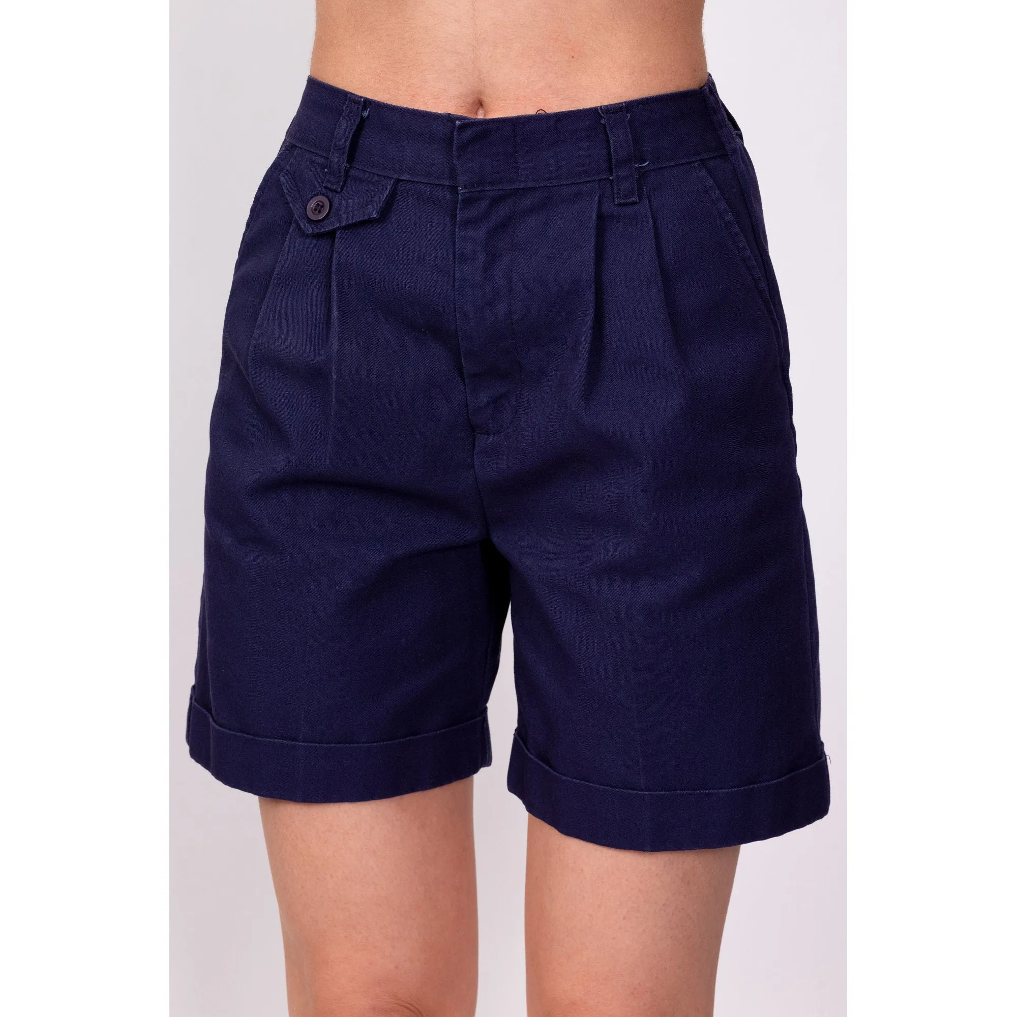 80s Navy Blue Pleated Shorts - Petite XS, 22"-24"