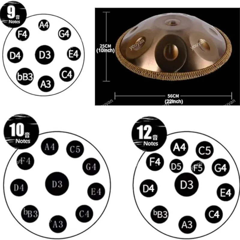 9/10/12/14 Tone Handpan Drum 22 Inches 432hz,440hz D Minor Steel Tongue Drum Yoga Meditation  Music Drums Percussion Instruments