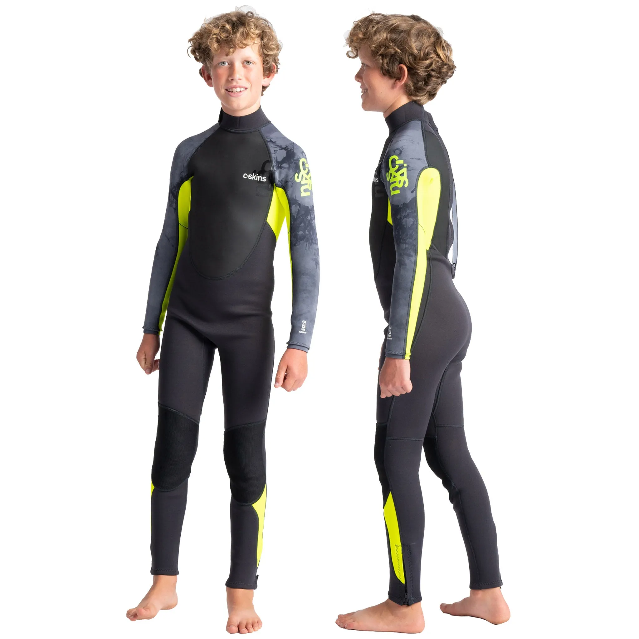 C-Skins Element Junior Unisex 3:2mm Steamer Wetsuit - Anthracite Yellow Black Tie Dye