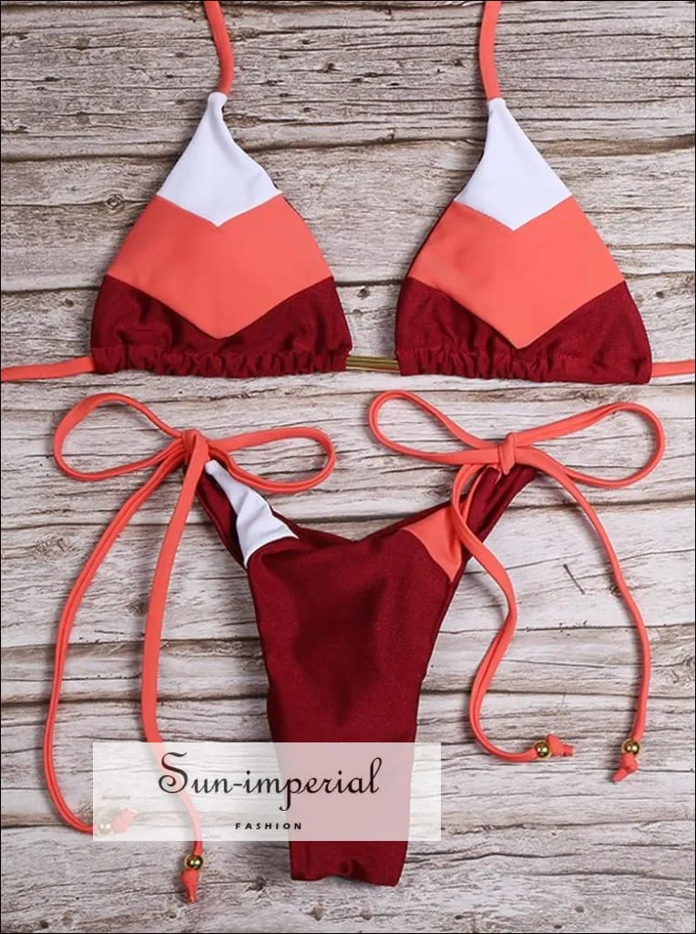 Color Block Orange White Red Striped Bikini Set Women’s Swimming Suit Halter Drawstring Bathing Suit