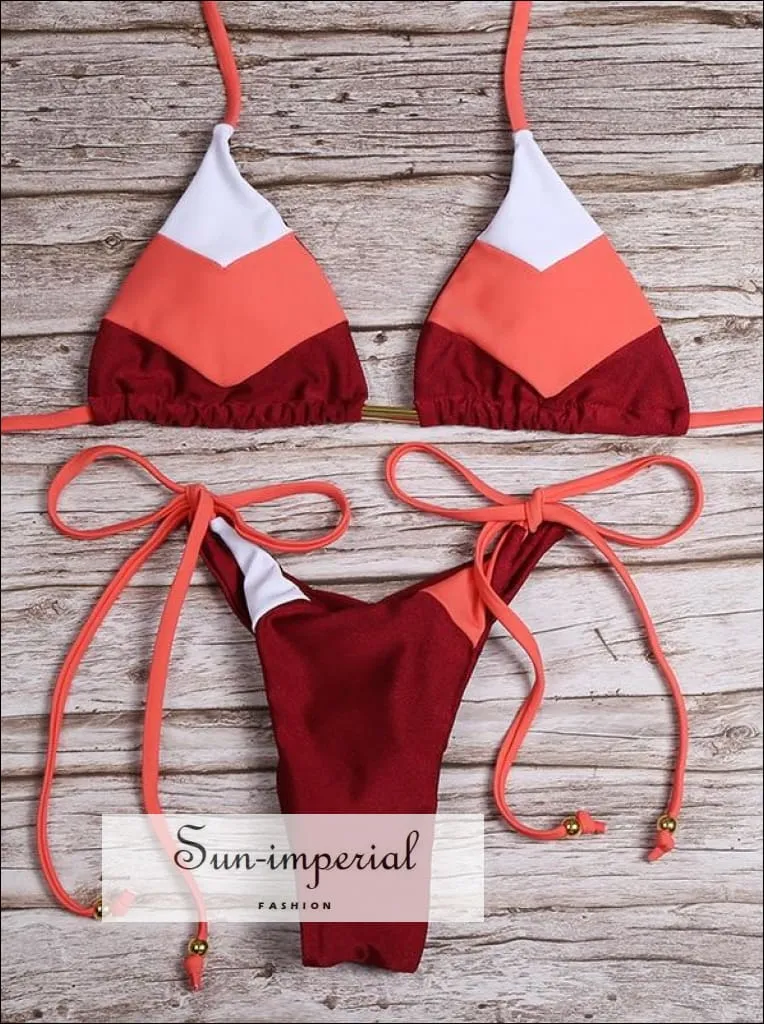 Color Block Orange White Red Striped Bikini Set Women’s Swimming Suit Halter Drawstring Bathing Suit