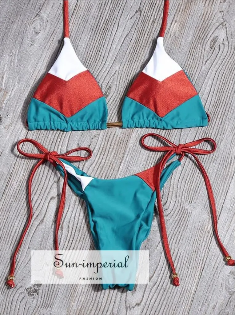 Color Block Orange White Red Striped Bikini Set Women’s Swimming Suit Halter Drawstring Bathing Suit