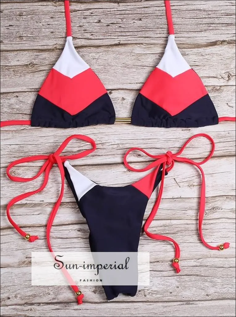 Color Block Orange White Red Striped Bikini Set Women’s Swimming Suit Halter Drawstring Bathing Suit