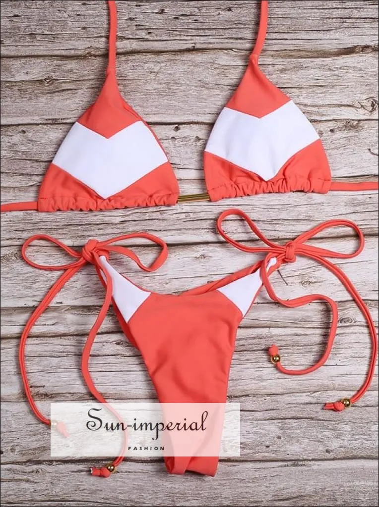 Color Block Orange White Red Striped Bikini Set Women’s Swimming Suit Halter Drawstring Bathing Suit