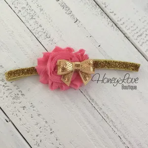 Coral Pink Shabby Flower with Gold Sequin Bow -  gold glitter elastic headband