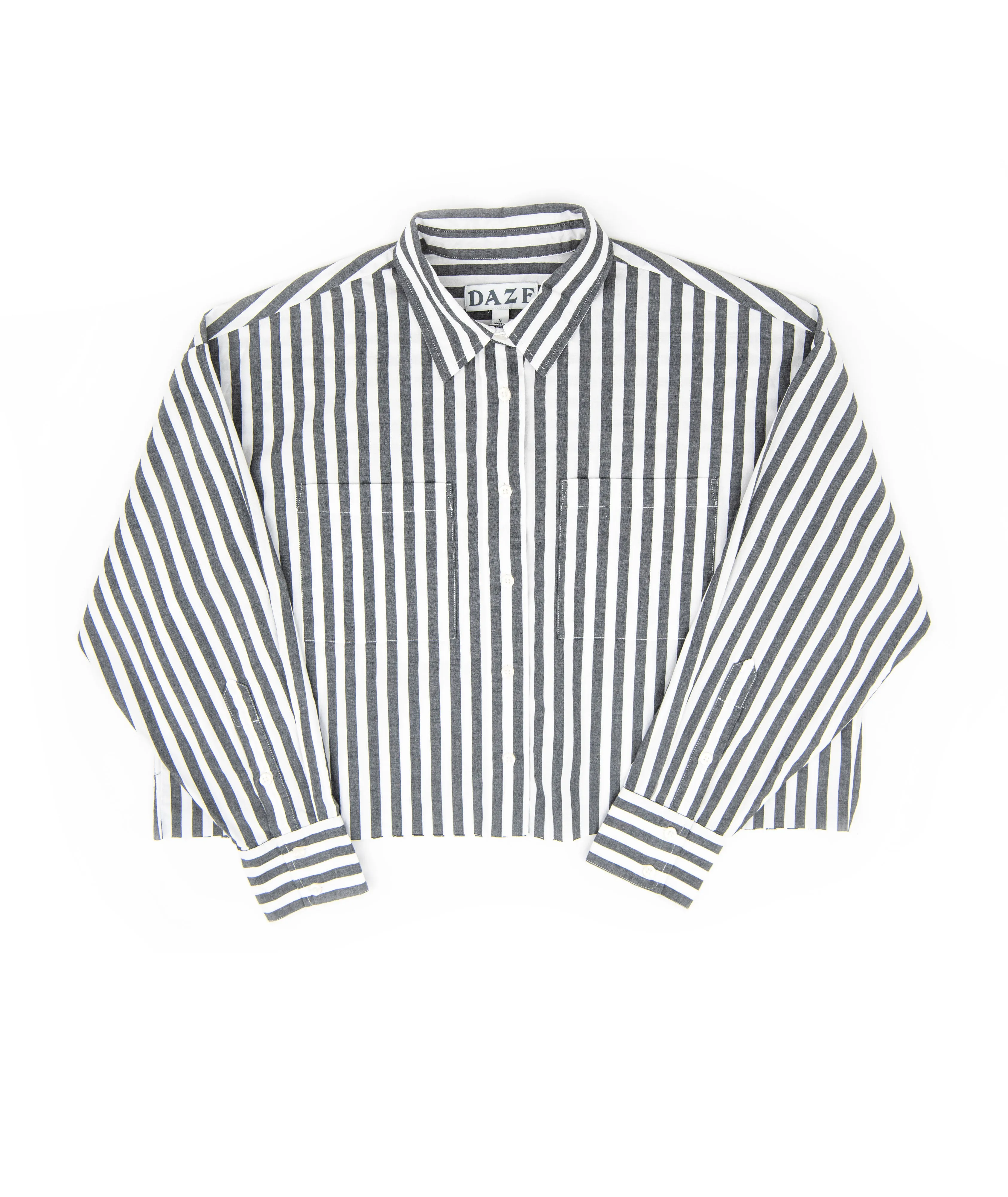 Daze Women Academy Cropped Button Down Oxford Grey Stripe