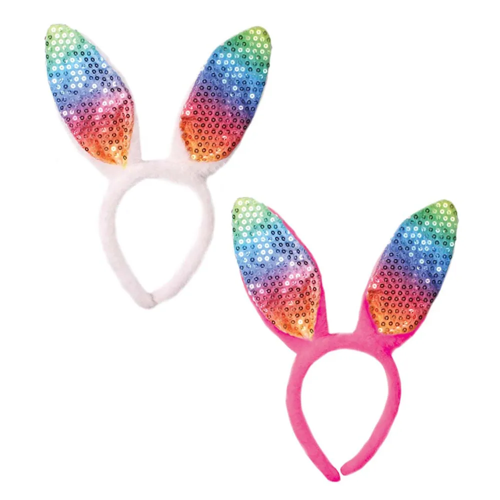 Easter Rainbow Sequin Bunny Ears Headband - Festive Holiday Accessory Kids Fun Party Wear Sparkly Decorations