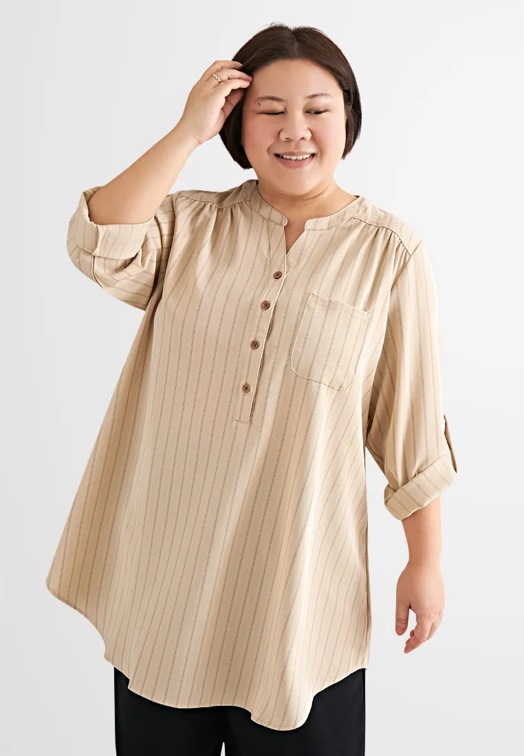 Eva Embedded Striped Stand Collar Tunic Top - Light Brown