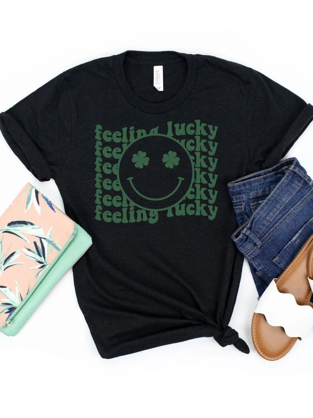 Feeling Lucky St. Patrick's Day Shamrock Smile Face T-Shirt Bella   Canvas Unisex Jersey Short Sleeve Tee