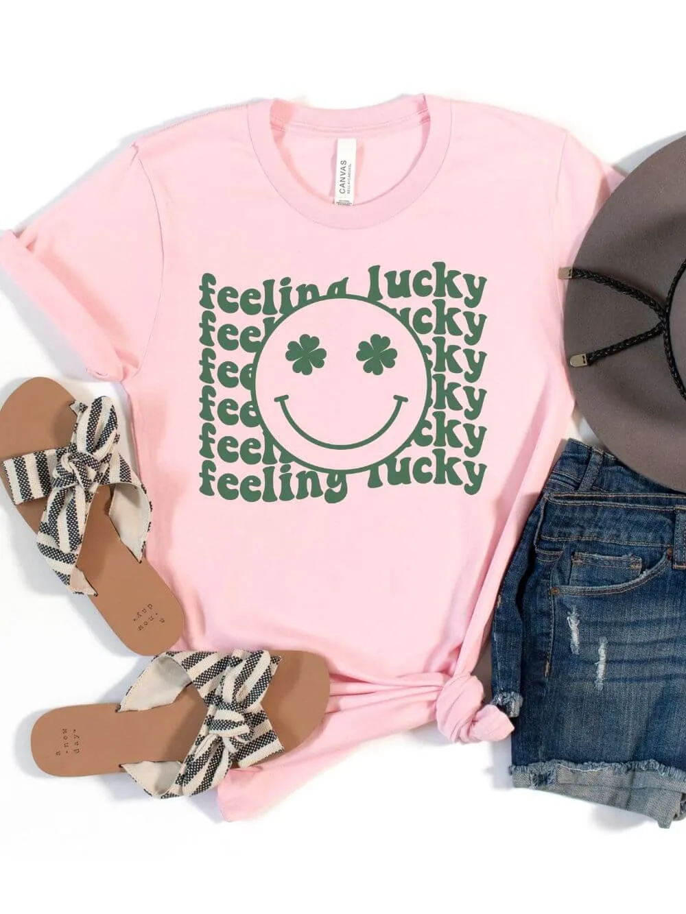 Feeling Lucky St. Patrick's Day Shamrock Smile Face T-Shirt Bella   Canvas Unisex Jersey Short Sleeve Tee