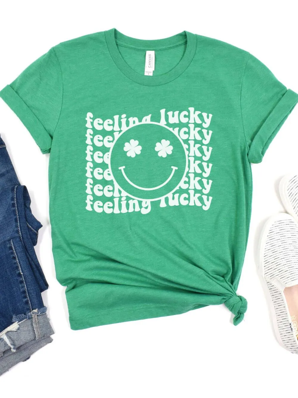 Feeling Lucky St. Patrick's Day Shamrock Smile Face T-Shirt Bella   Canvas Unisex Jersey Short Sleeve Tee