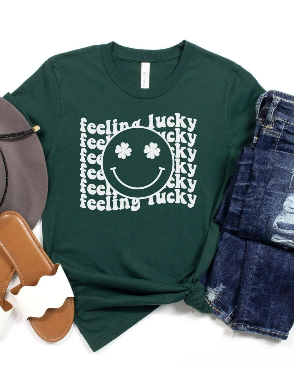 Feeling Lucky St. Patrick's Day Shamrock Smile Face T-Shirt Bella   Canvas Unisex Jersey Short Sleeve Tee