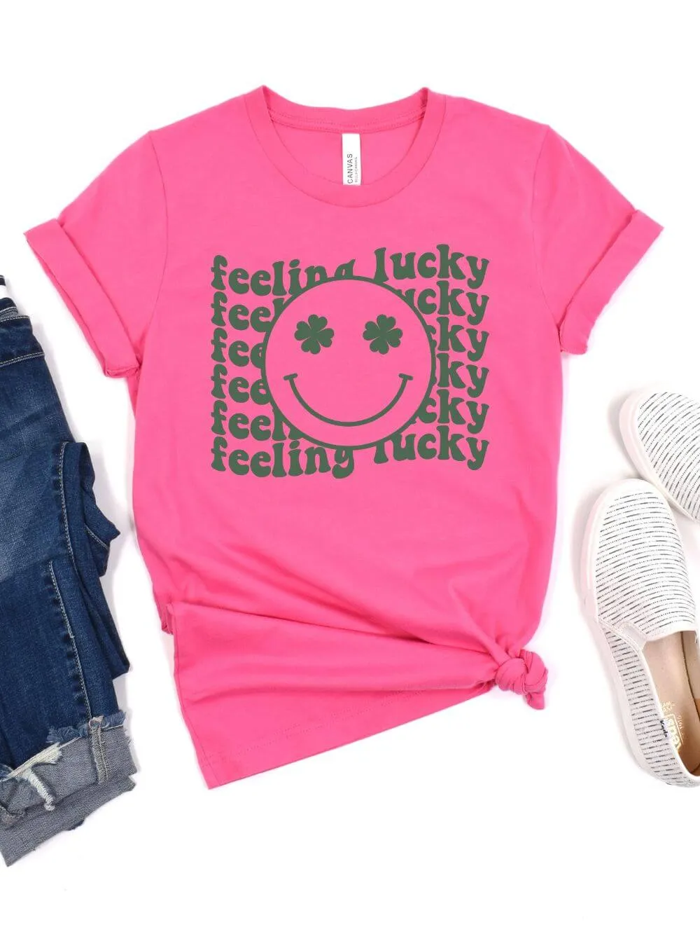 Feeling Lucky St. Patrick's Day Shamrock Smile Face T-Shirt Bella   Canvas Unisex Jersey Short Sleeve Tee