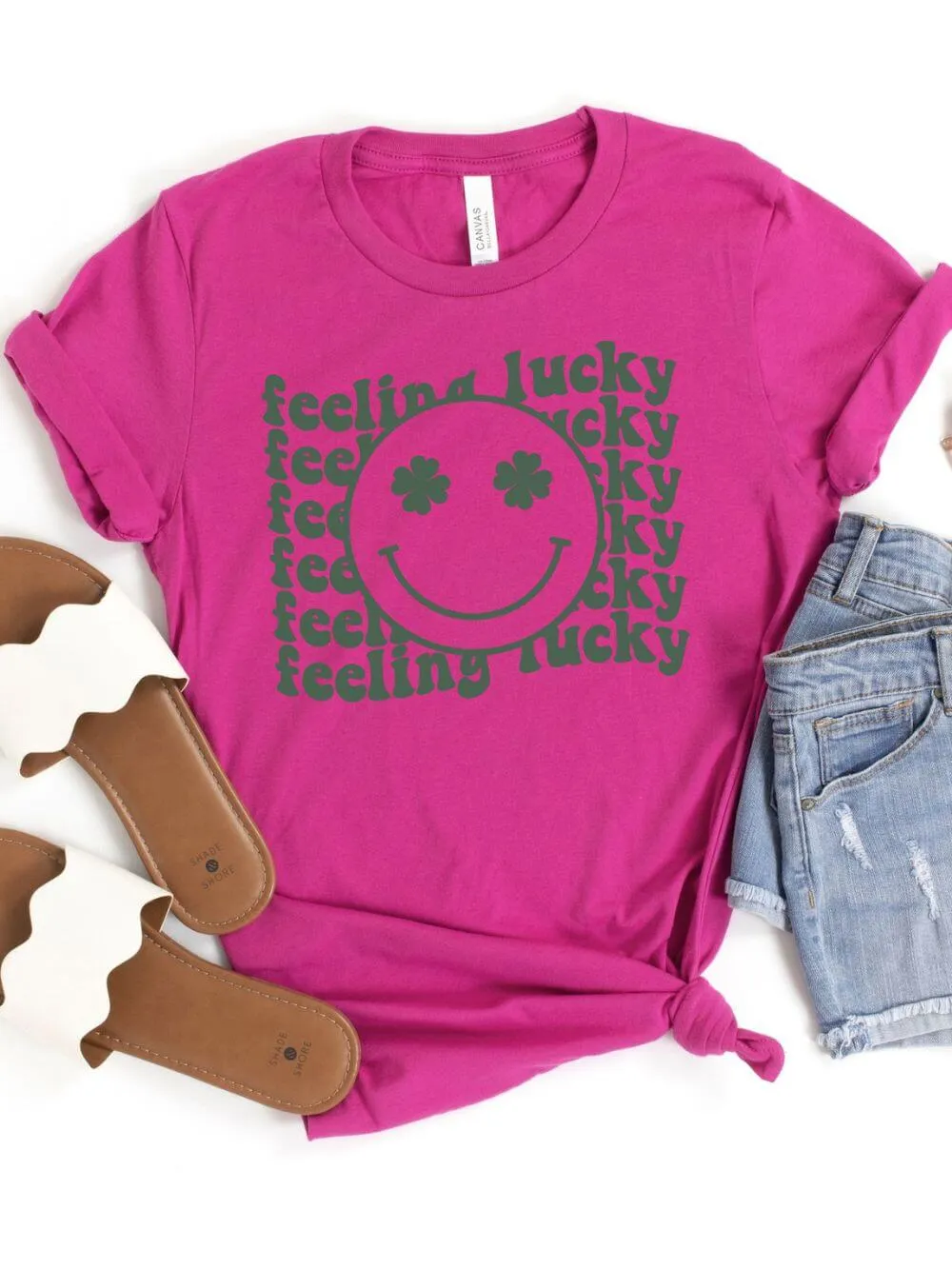 Feeling Lucky St. Patrick's Day Shamrock Smile Face T-Shirt Bella   Canvas Unisex Jersey Short Sleeve Tee