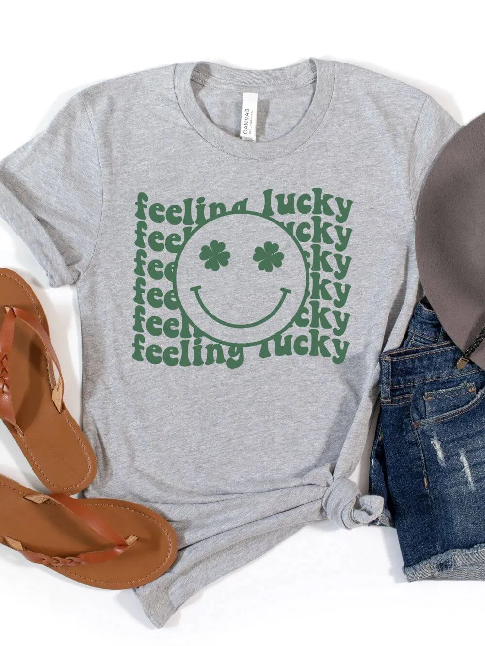 Feeling Lucky St. Patrick's Day Shamrock Smile Face T-Shirt Bella   Canvas Unisex Jersey Short Sleeve Tee