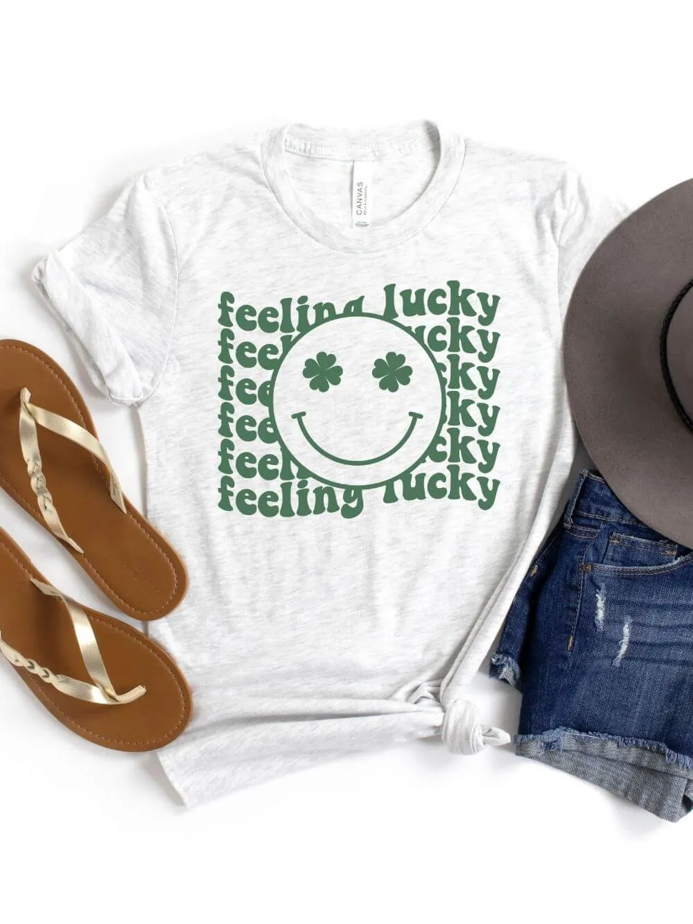 Feeling Lucky St. Patrick's Day Shamrock Smile Face T-Shirt Bella   Canvas Unisex Jersey Short Sleeve Tee