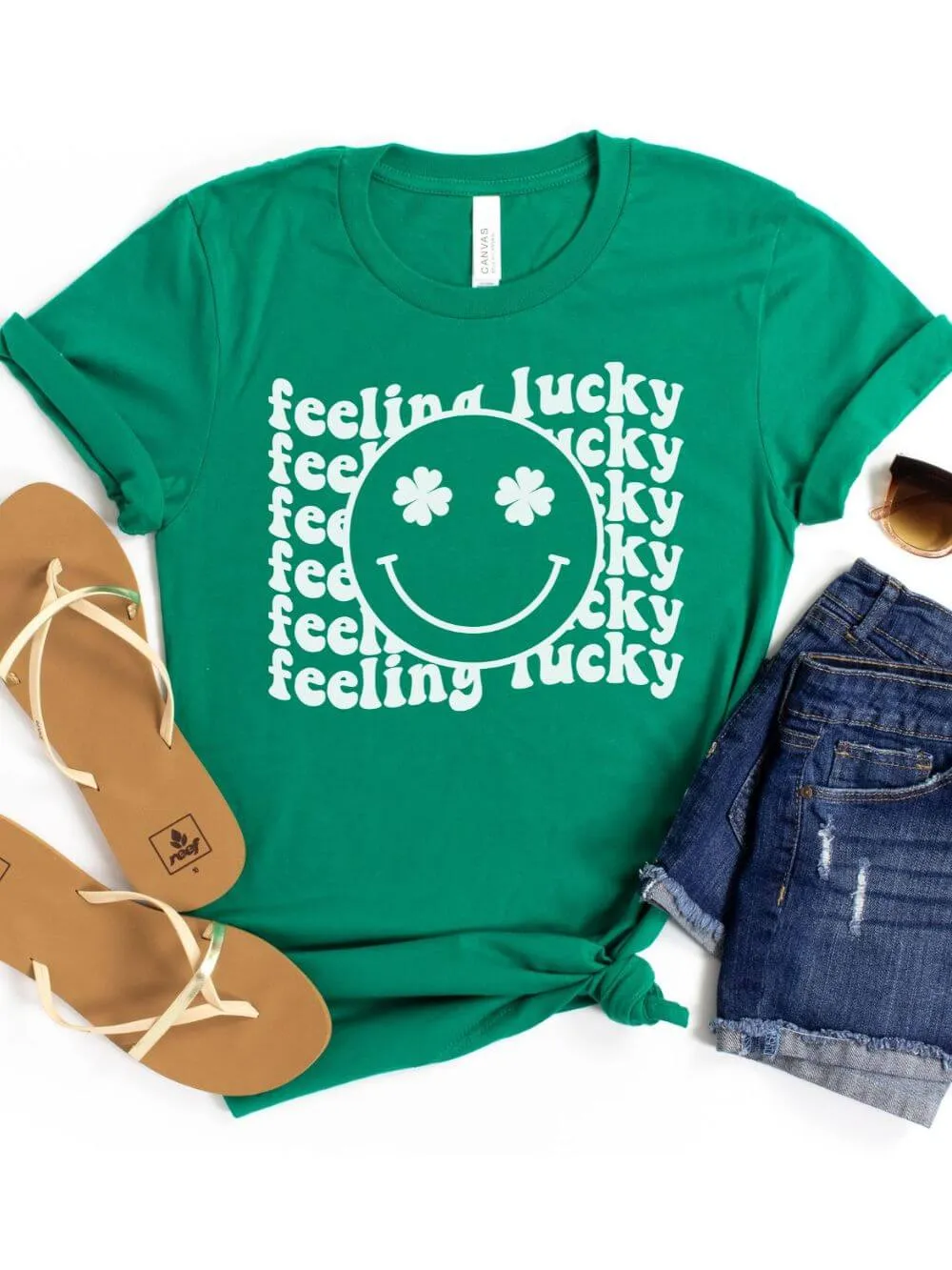 Feeling Lucky St. Patrick's Day Shamrock Smile Face T-Shirt Bella   Canvas Unisex Jersey Short Sleeve Tee