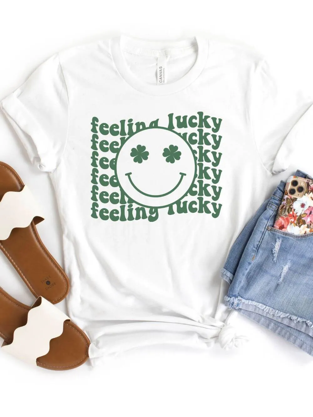 Feeling Lucky St. Patrick's Day Shamrock Smile Face T-Shirt Bella   Canvas Unisex Jersey Short Sleeve Tee