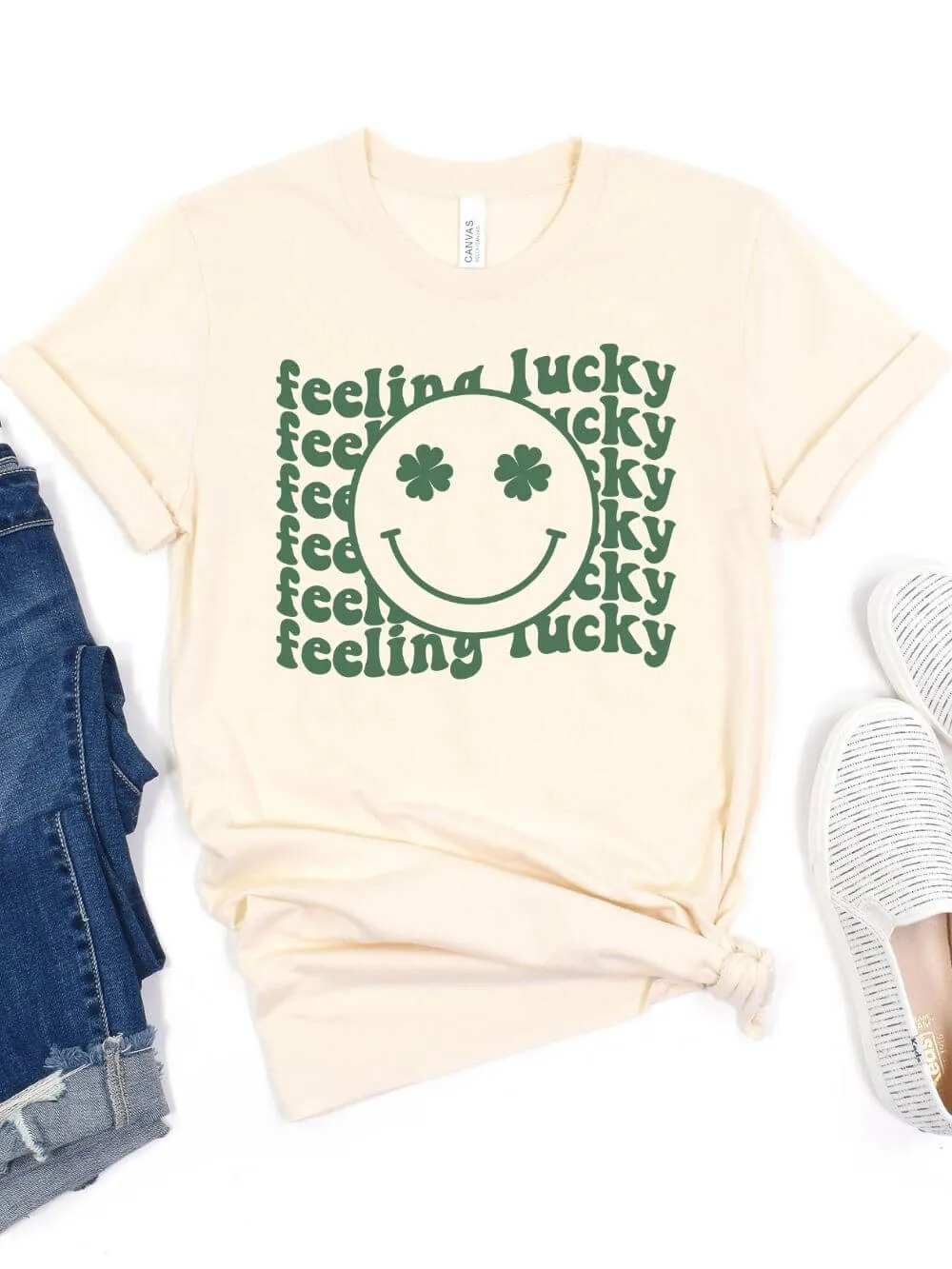 Feeling Lucky St. Patrick's Day Shamrock Smile Face T-Shirt Bella   Canvas Unisex Jersey Short Sleeve Tee