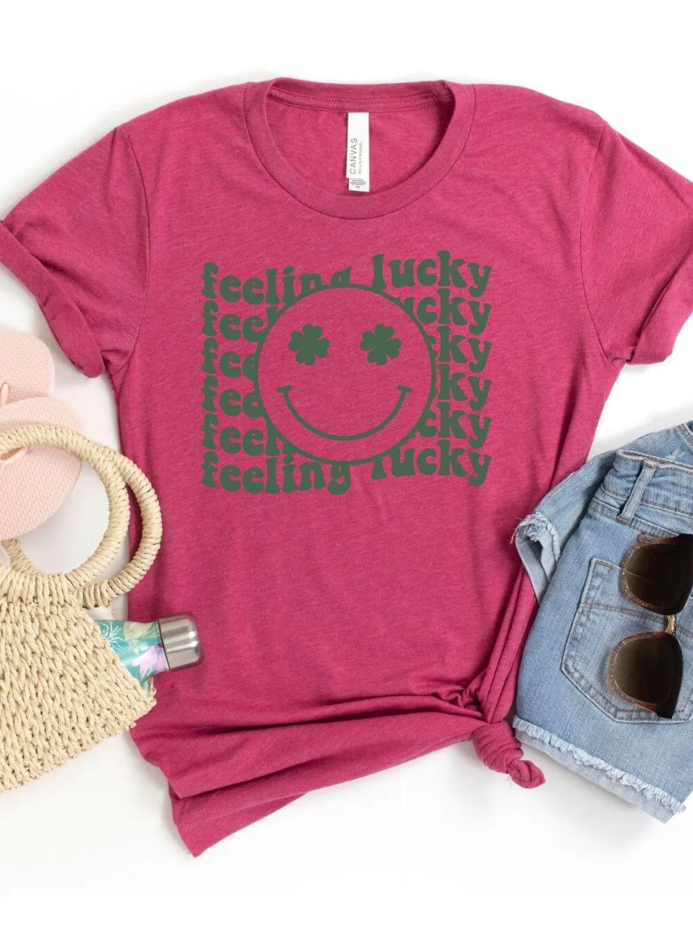 Feeling Lucky St. Patrick's Day Shamrock Smile Face T-Shirt Bella   Canvas Unisex Jersey Short Sleeve Tee