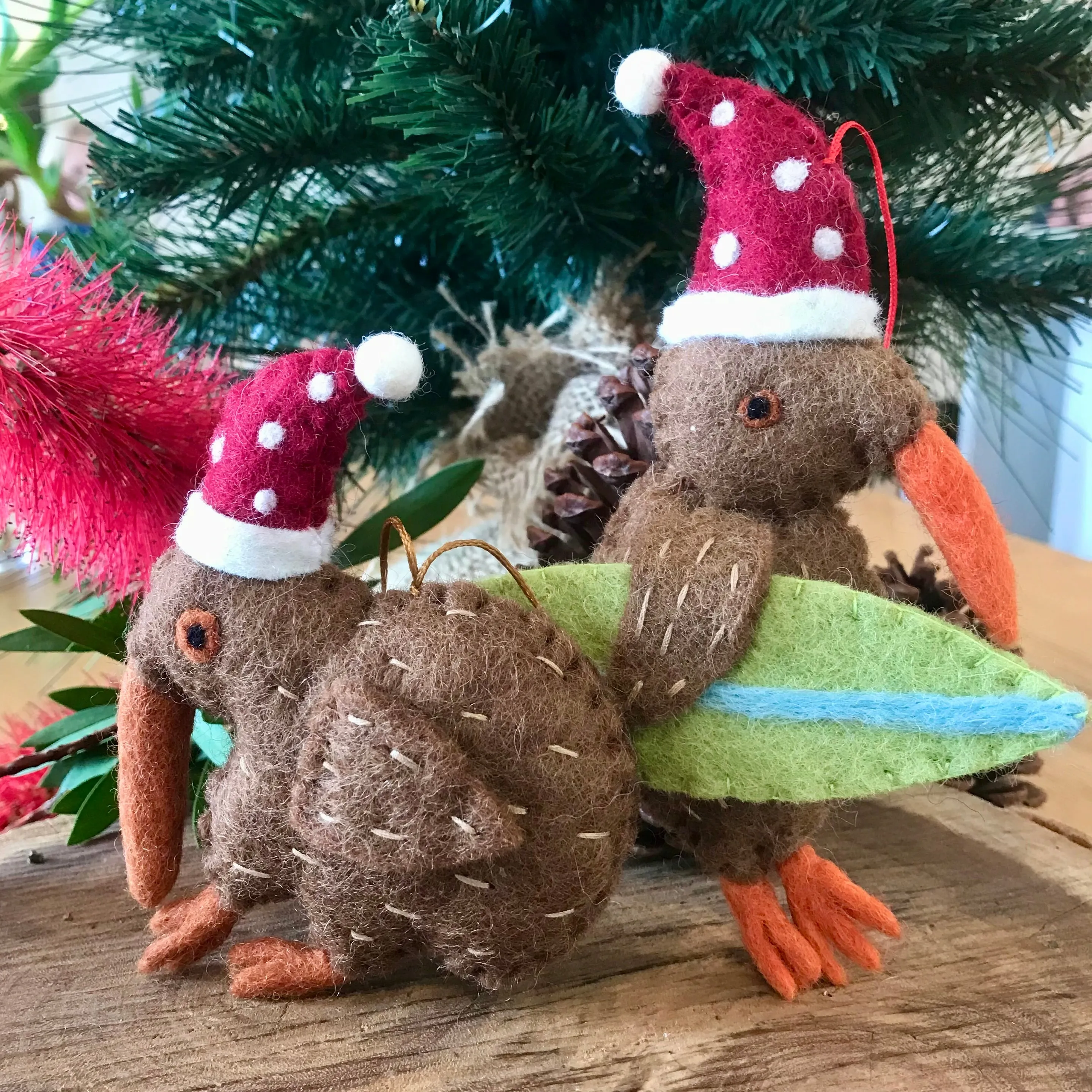 Kiwi with surfboard Christmas tree decoration