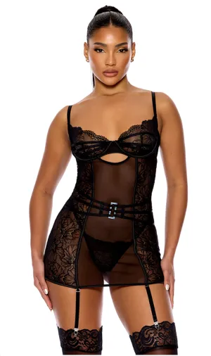 Lace Lingerie Chemise Set (Black)