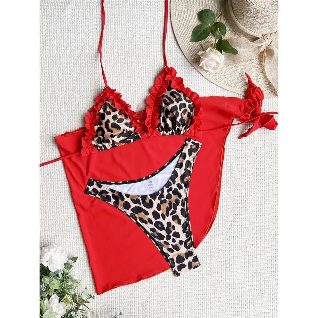 Leopard Ruffled Bikini Set with Sarong - Trendy Beachwear for Women