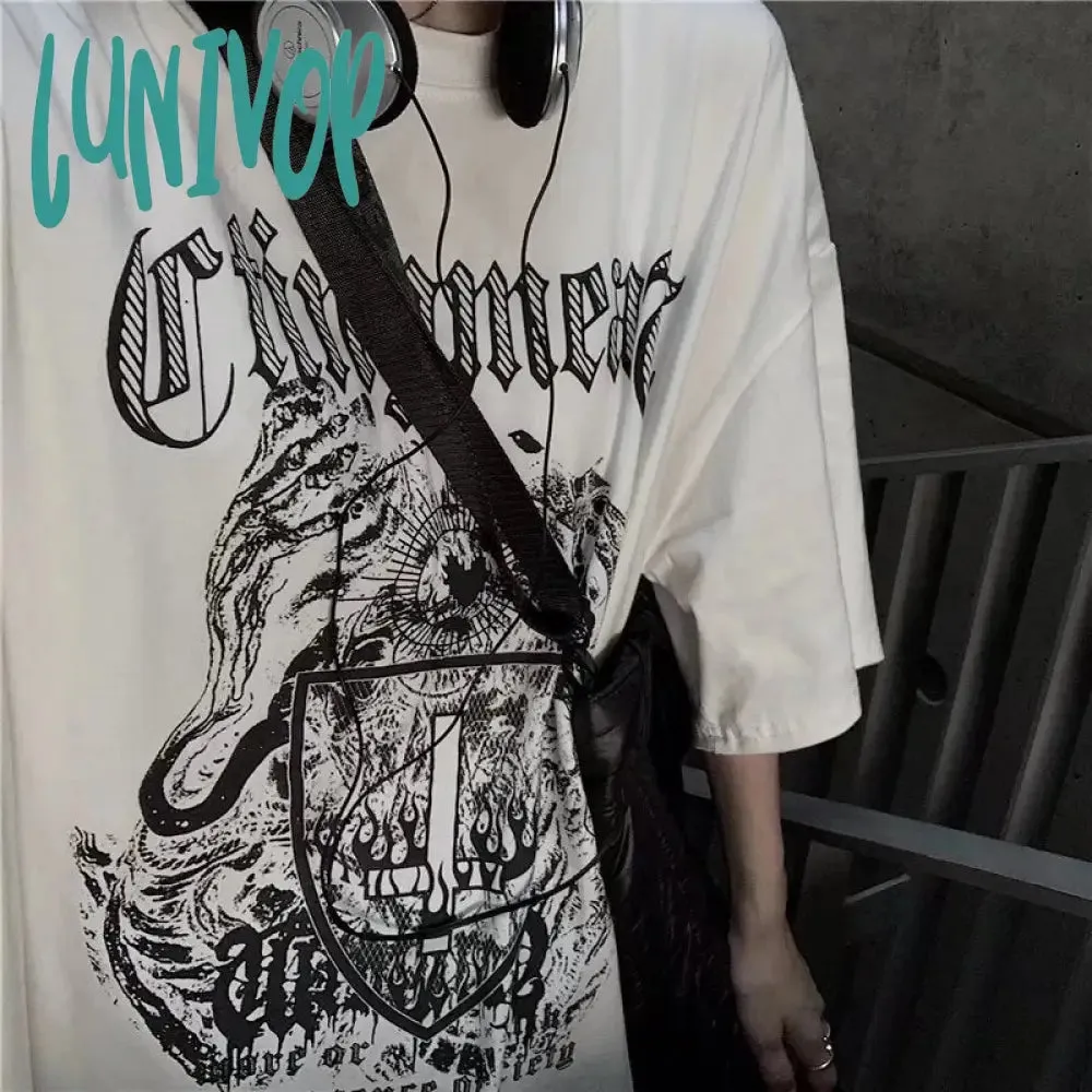 Lunivop 90s streetwear INS Dark Street Hip Hop Personality All-Match Loose round Neck Short Sleeve T-shirt Dark