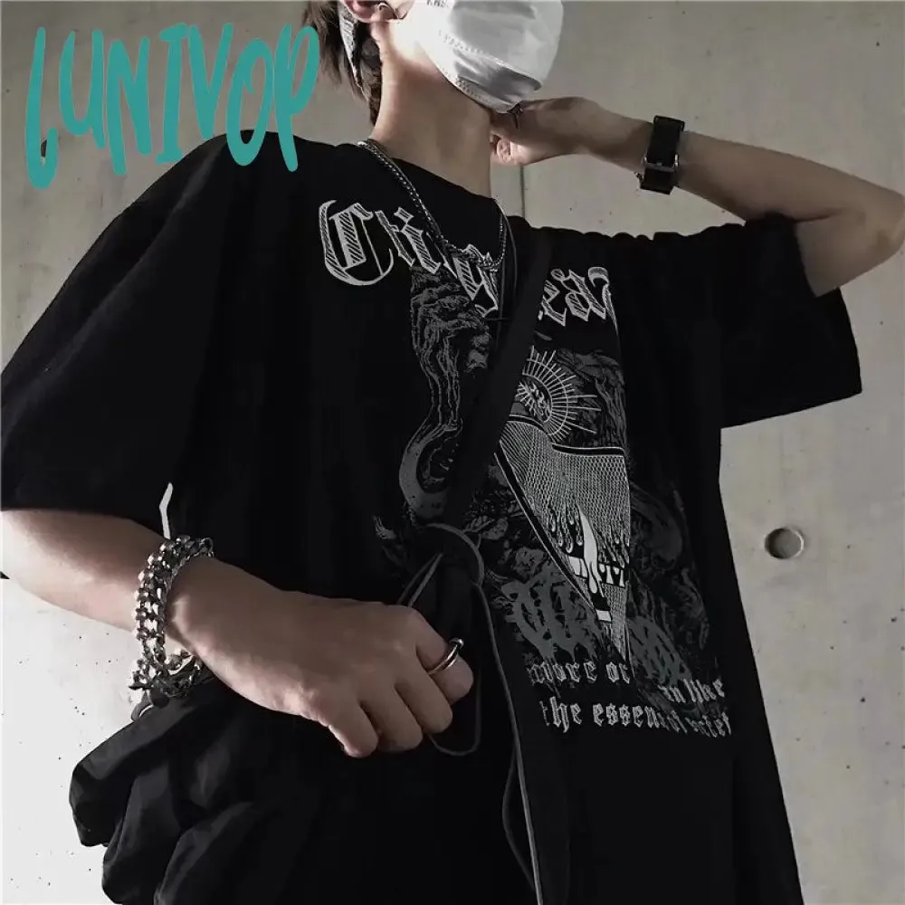 Lunivop 90s streetwear INS Dark Street Hip Hop Personality All-Match Loose round Neck Short Sleeve T-shirt Dark