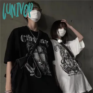 Lunivop 90s streetwear INS Dark Street Hip Hop Personality All-Match Loose round Neck Short Sleeve T-shirt Dark