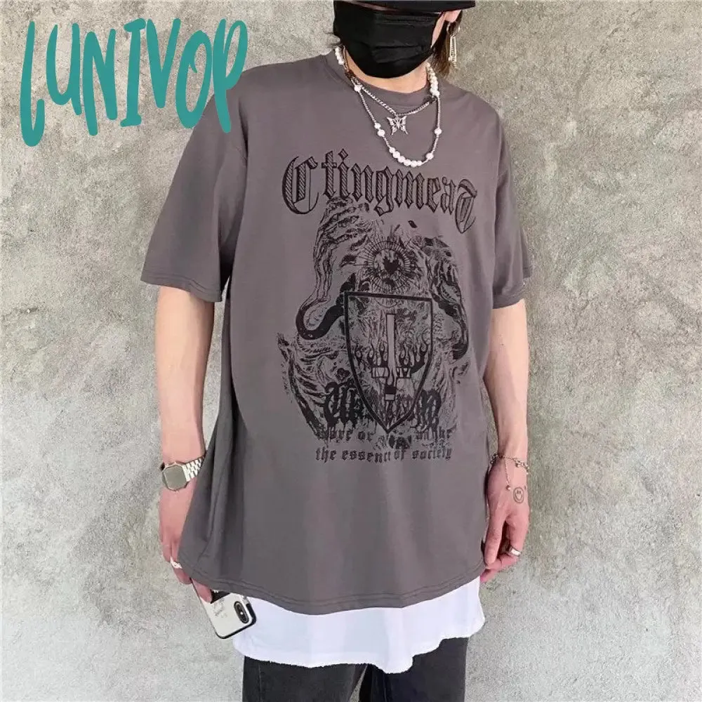 Lunivop 90s streetwear INS Dark Street Hip Hop Personality All-Match Loose round Neck Short Sleeve T-shirt Dark