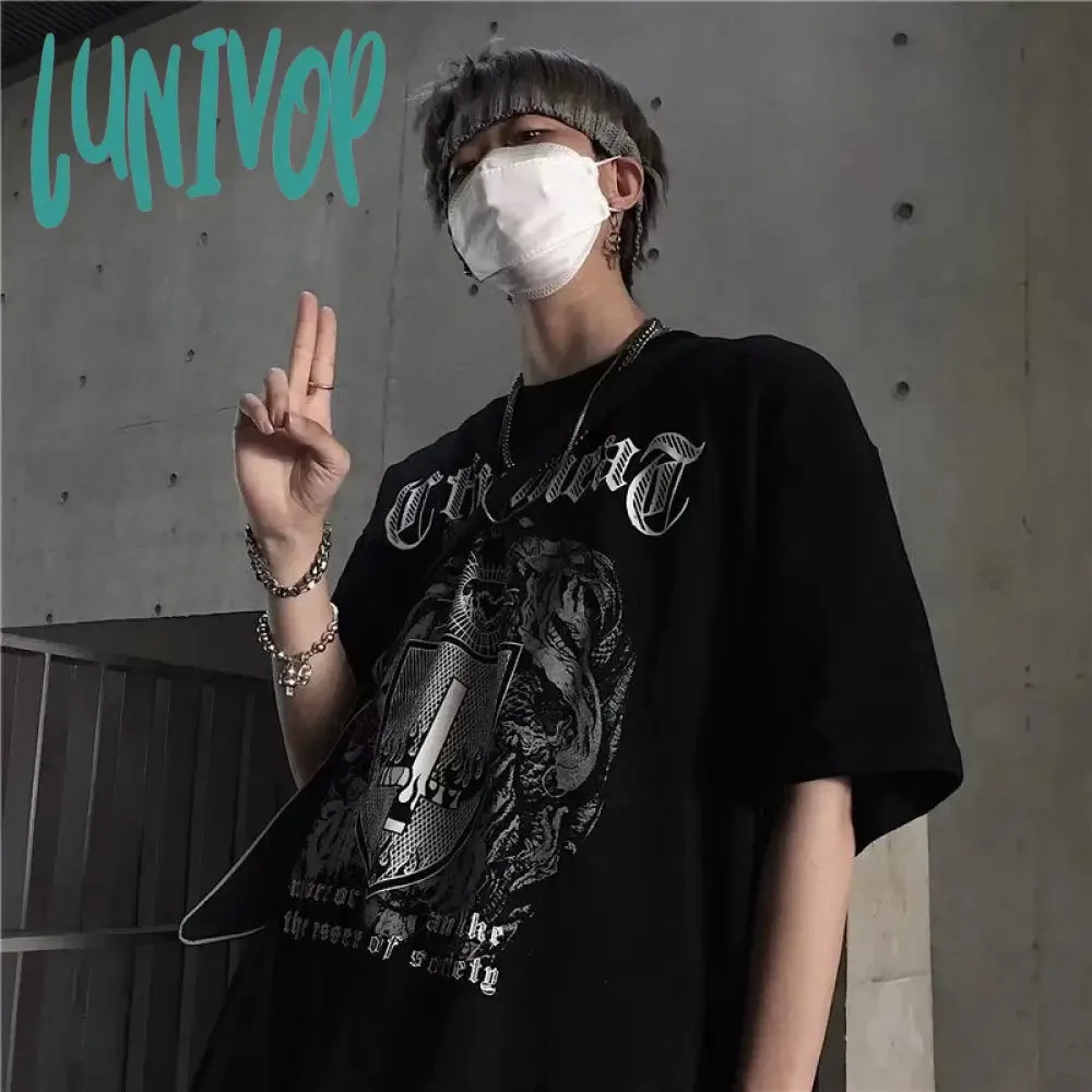 Lunivop 90s streetwear INS Dark Street Hip Hop Personality All-Match Loose round Neck Short Sleeve T-shirt Dark