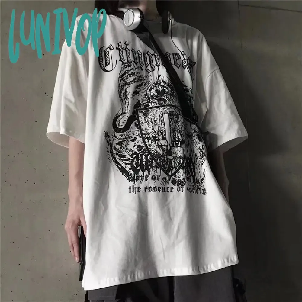 Lunivop 90s streetwear INS Dark Street Hip Hop Personality All-Match Loose round Neck Short Sleeve T-shirt Dark