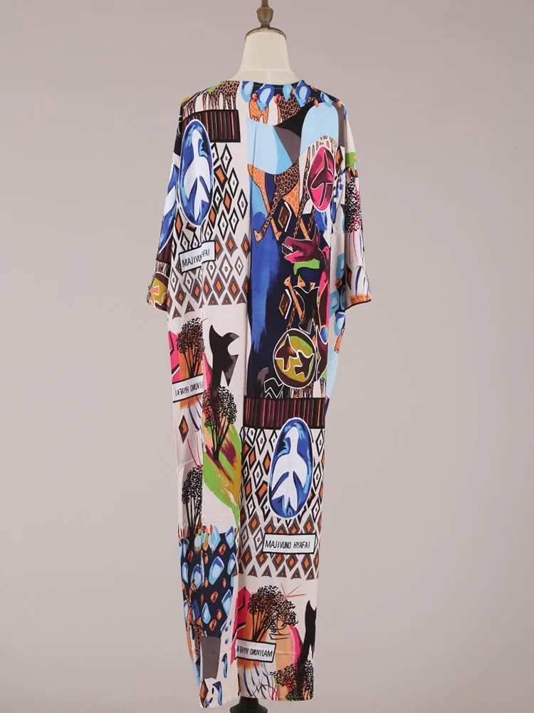 Printed Multicolor Cotton Long Length Gown Kimono Duster Robe