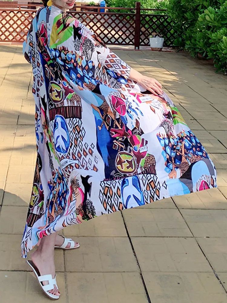 Printed Multicolor Cotton Long Length Gown Kimono Duster Robe