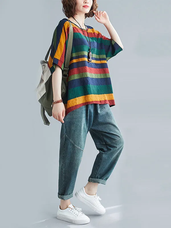 Rainbow Stripe Batwing Sleeves T-Shirts Tops