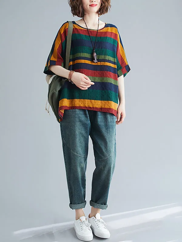 Rainbow Stripe Batwing Sleeves T-Shirts Tops