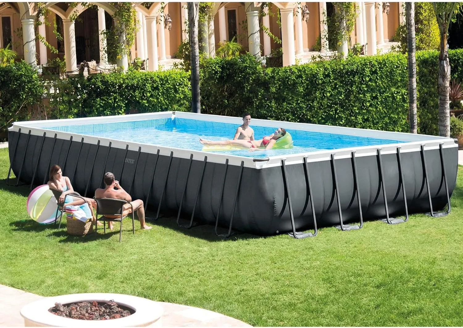 Rectangular Outdoor Swimming Pool Set with Sand Filter Pump, Saltwater System, Pool Ladder, Ground Cloth, Pool Cover