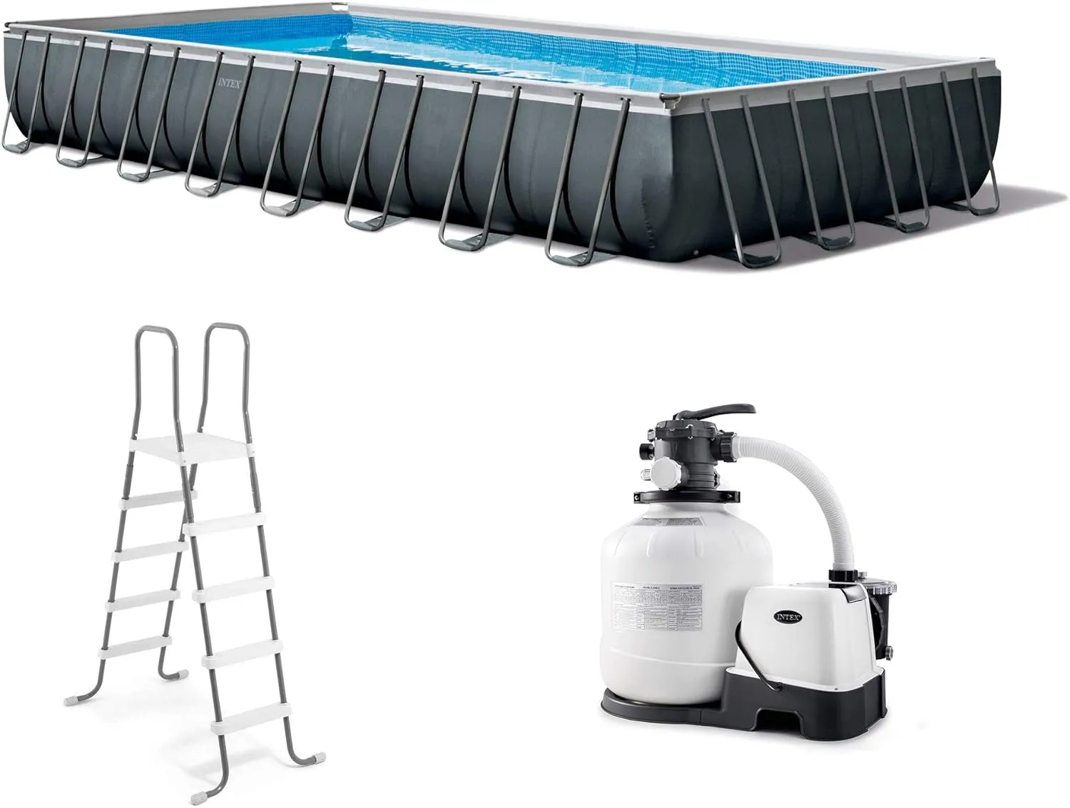 Rectangular Outdoor Swimming Pool Set with Sand Filter Pump, Saltwater System, Pool Ladder, Ground Cloth, Pool Cover