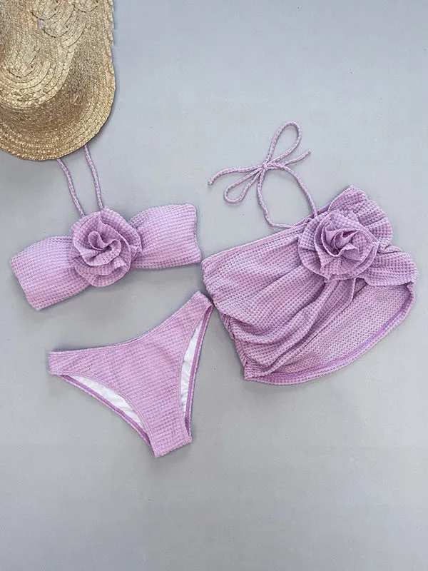 Women's 3d Flower Three Piece Bikini Set